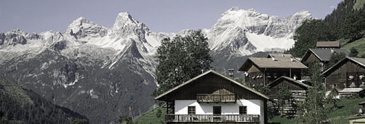 Panorama di alcune case in Austria con montagne innevate sullo sfondo